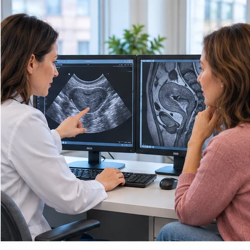 Patient and clinician reviewing pelvic ultrasound and MRI scans together