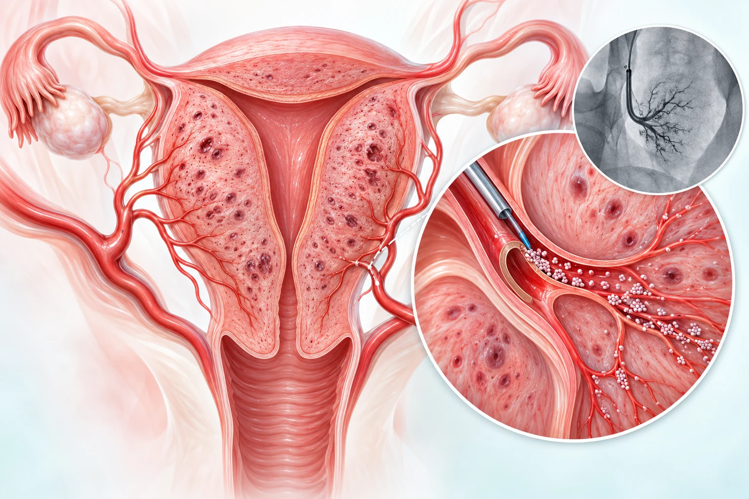 Medical illustration of uterine adenomyosis and a catheter-guided uterine artery embolisation concept