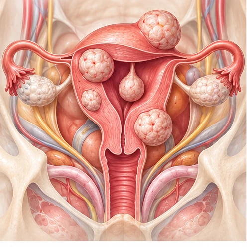 Simplified uterus diagram showing fibroids in different positions in or around the uterine muscle