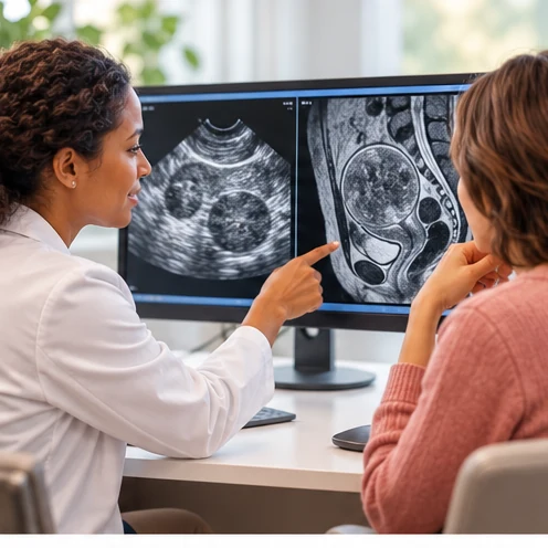 Patient and clinicians reviewing pelvic imaging, with an ultrasound or MRI diagram
