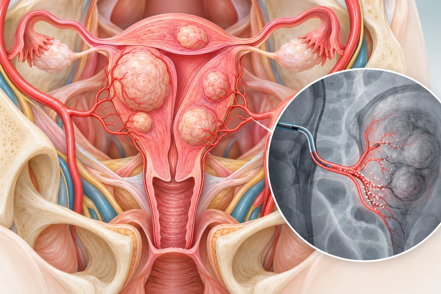 Artistic simplified diagram of a catheter travelling through pelvic arteries to deliver embolic particles to uterine fibroids