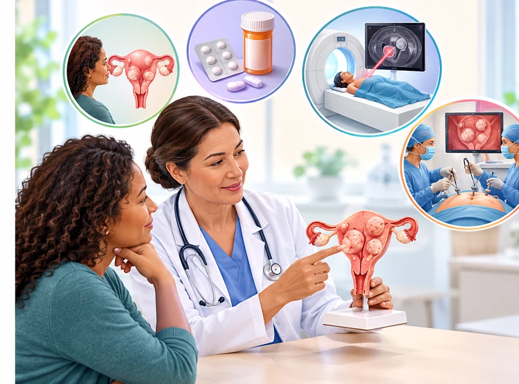 A patient and clinicians comparing observation, medicines, embolisation, surgery and individual goals