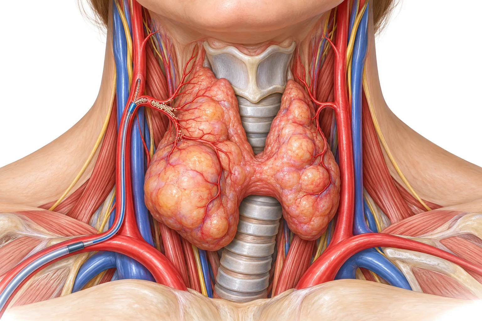 Anatomical illustration of an enlarged nodular thyroid and thyroid artery embolization concept