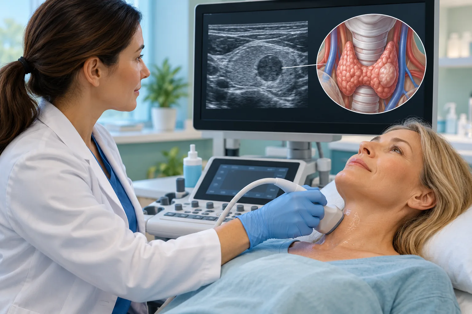 Ultrasound assessment and needle sampling being reviewed with a thyroid nodule report