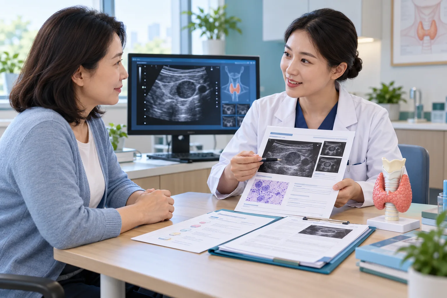 Patient preparing for thyroid microwave ablation with medication review, blood tests and a care-team discussion