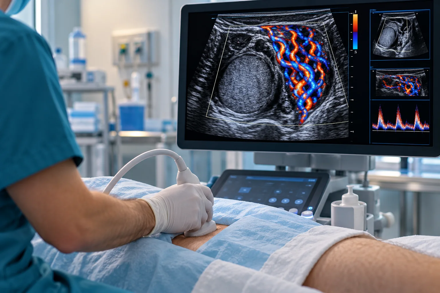 Doppler-style medical illustration showing enlarged varicocele veins alongside a testicle within the scrotal region