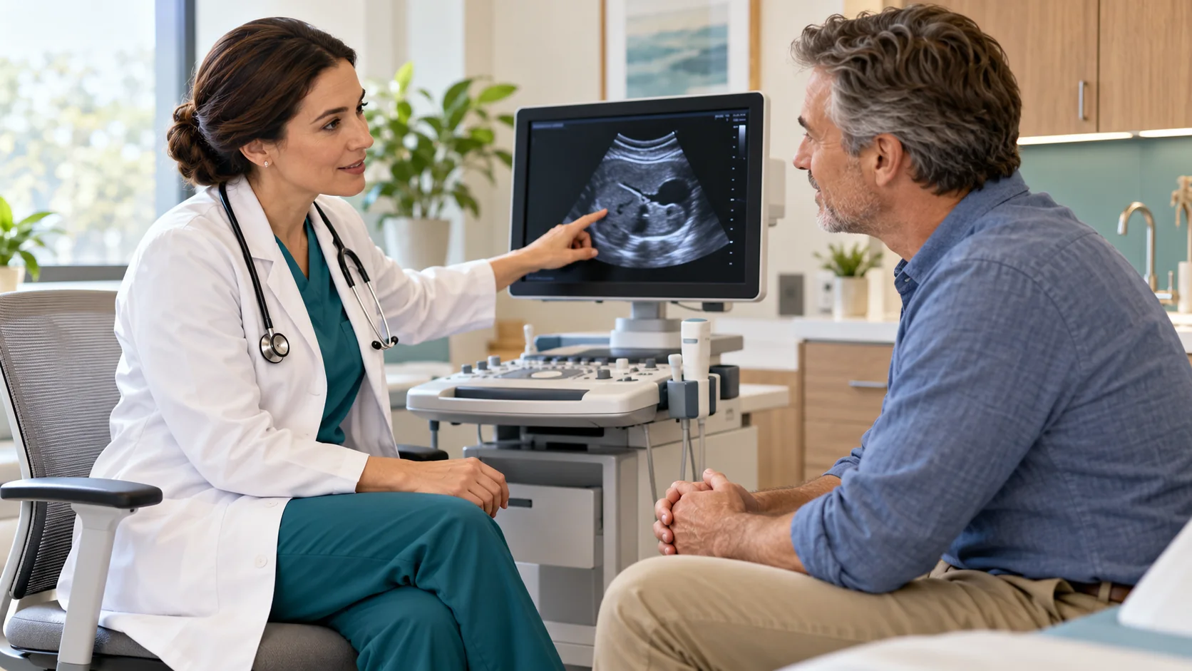 Medical illustration of an adult patient discussing symptoms and imaging with a clinician