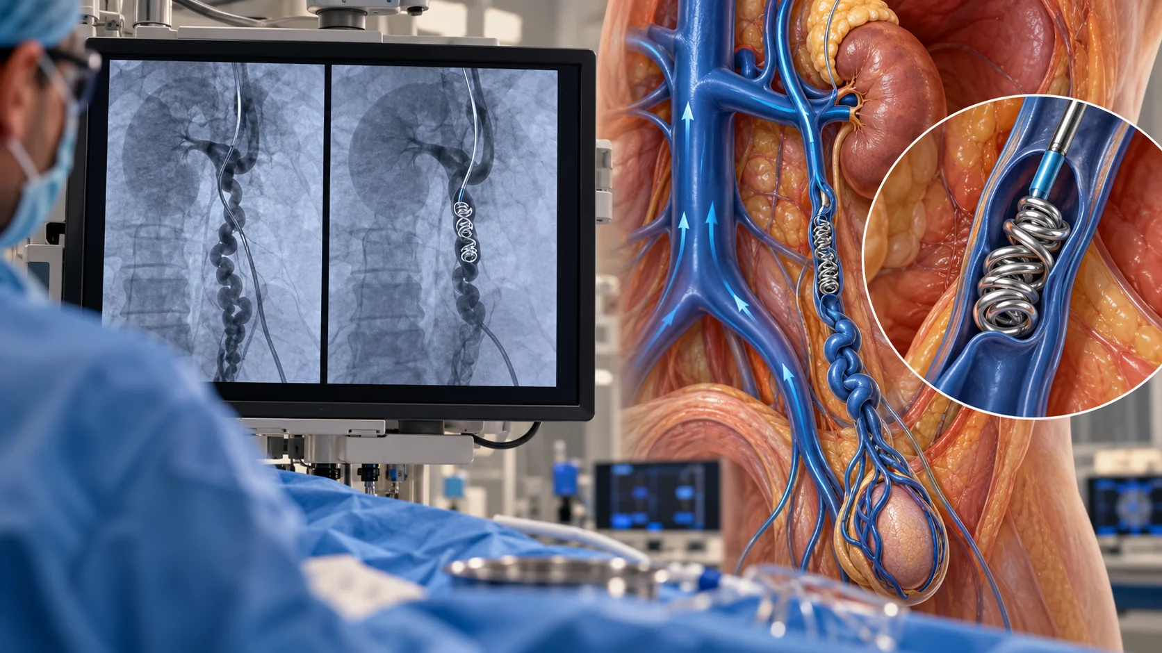 Medical illustration of catheter-guided coils placed in an abnormal gonadal vein during embolization