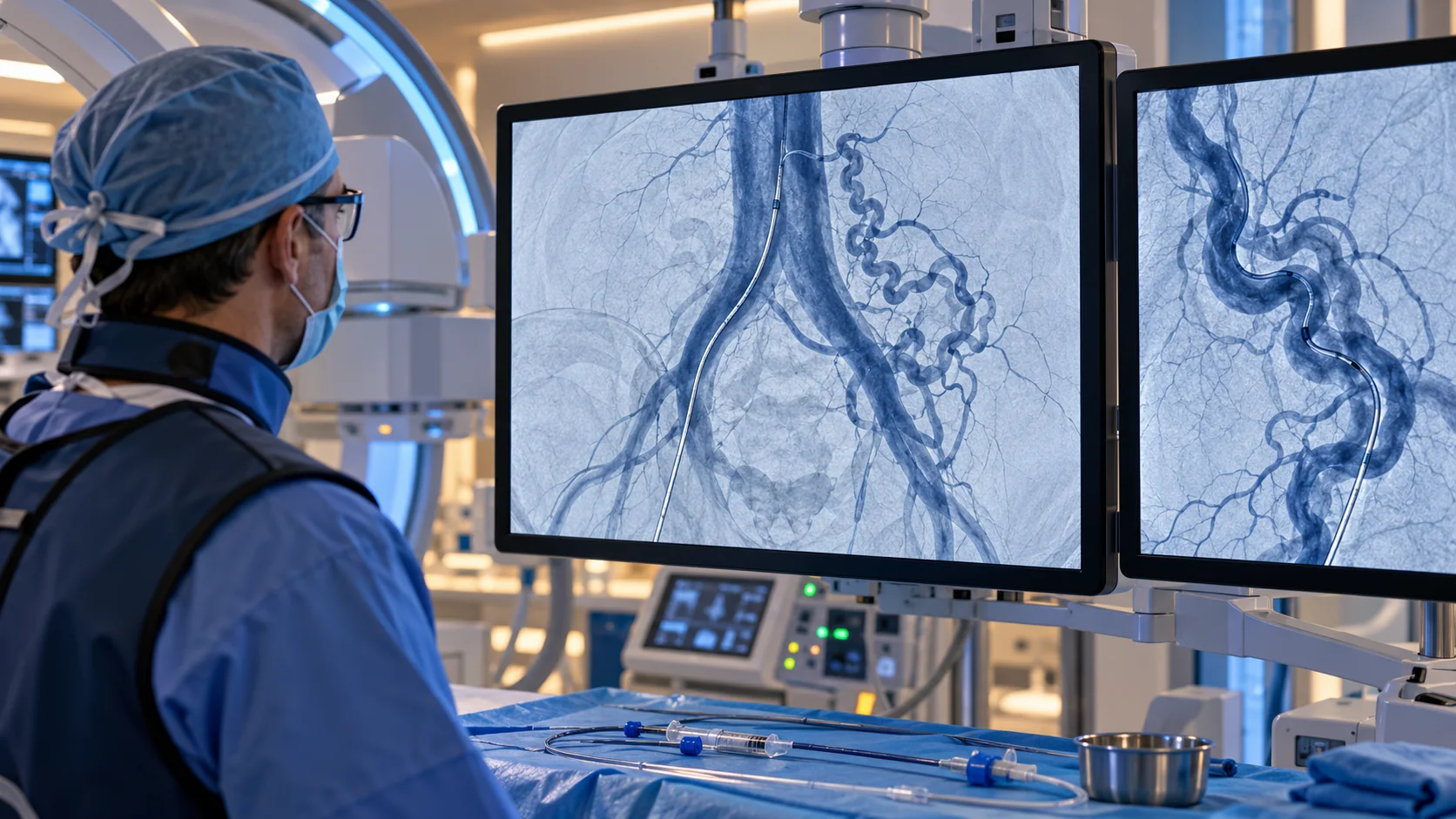 Illustration of an interventional radiologist reviewing contrast venography and catheter mapping on monitors