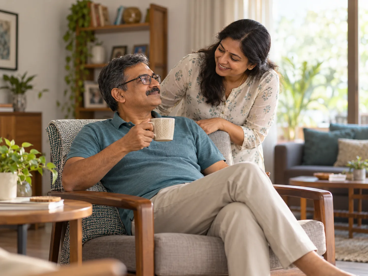 Illustrative, fully clothed adult relaxing at home after a medical visit