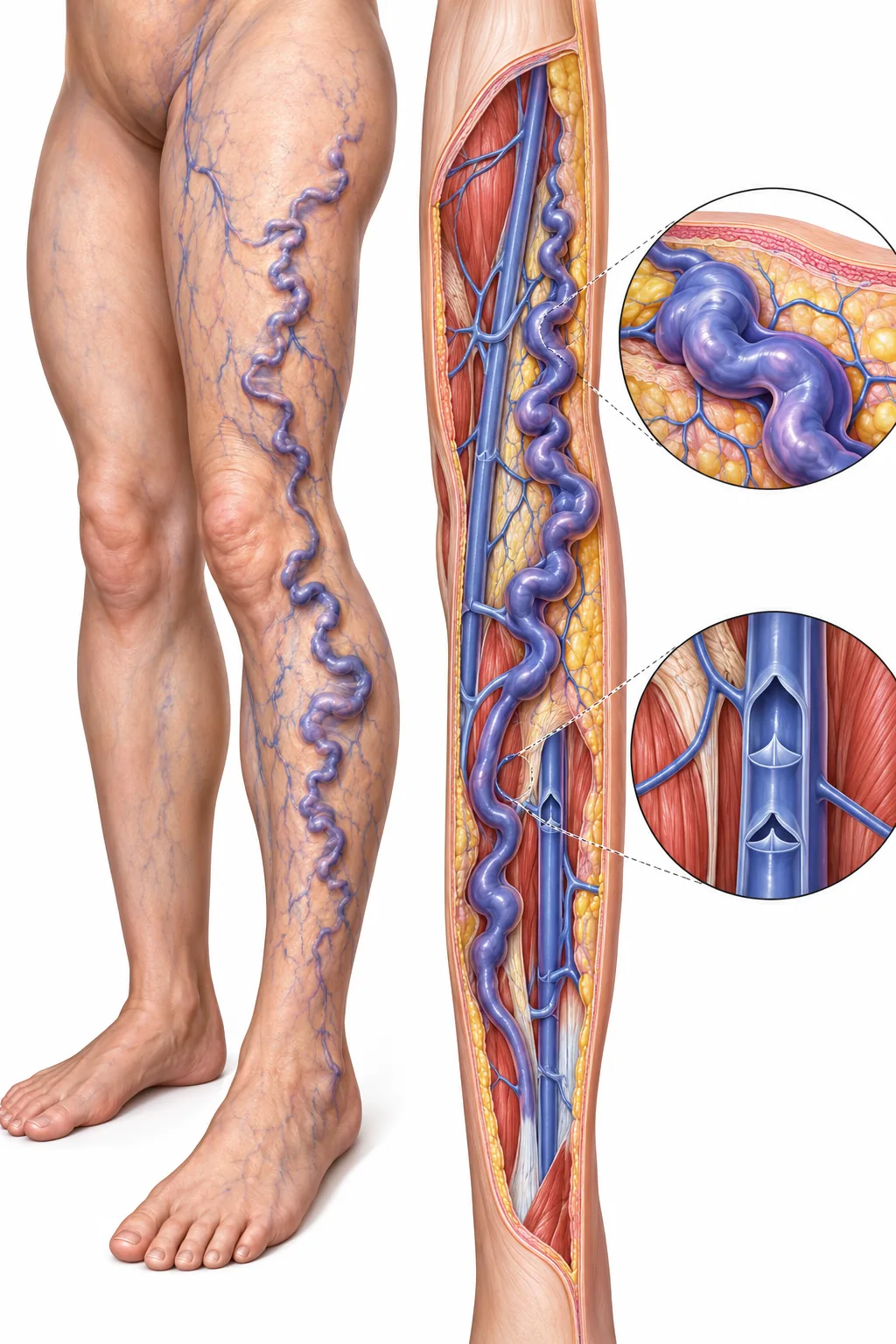 Medical illustration showing enlarged, twisted superficial veins in the leg